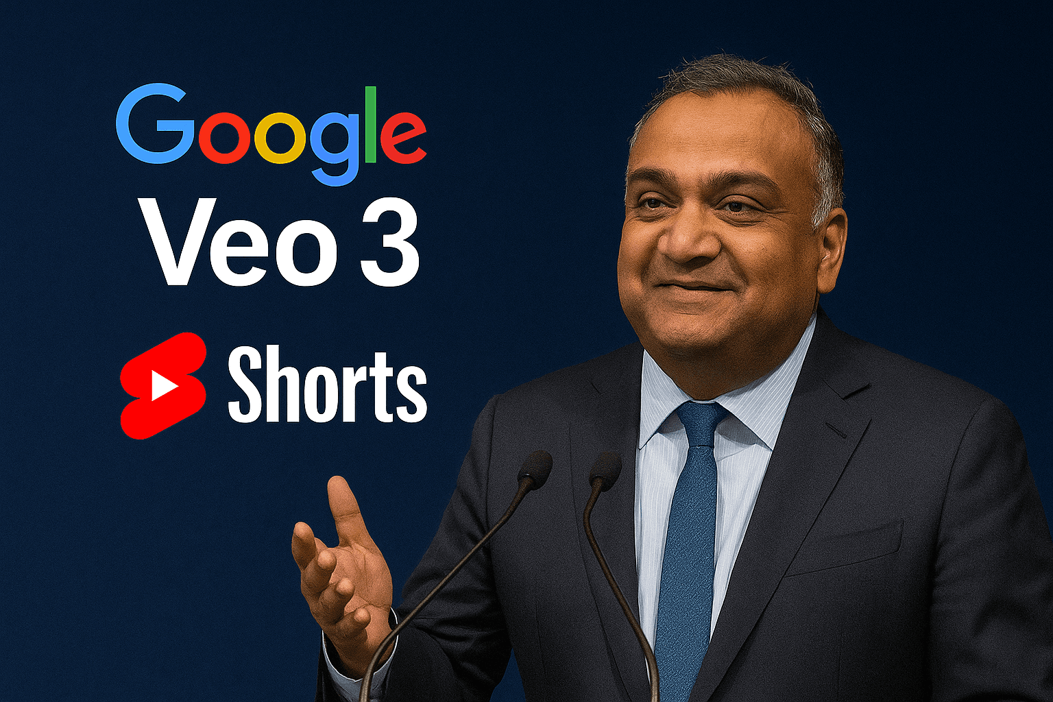 YouTube CEO Neal Mohan announces the integration of Google Veo 3 with YouTube Shorts , standing confidently behind a podium.