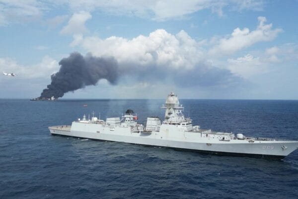 Indian Navy Rescues Crew from Burning Singapore-Flagged Cargo Ship Near Kerala Indian Navy Ship INS Surat